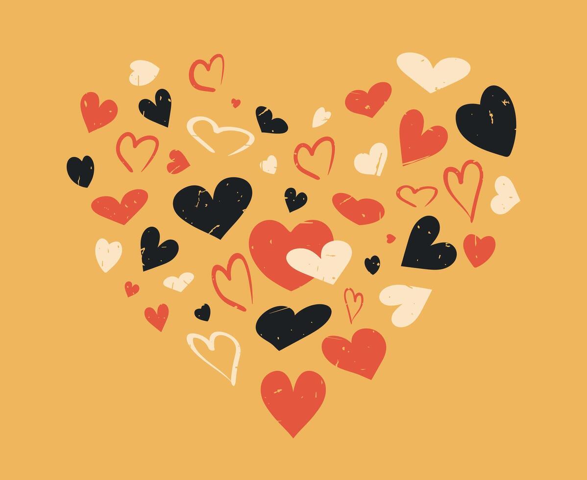Heart shape made of different hearts isolated on yellow background with grunge texture. Vintage retro style poster with heart symbols vector