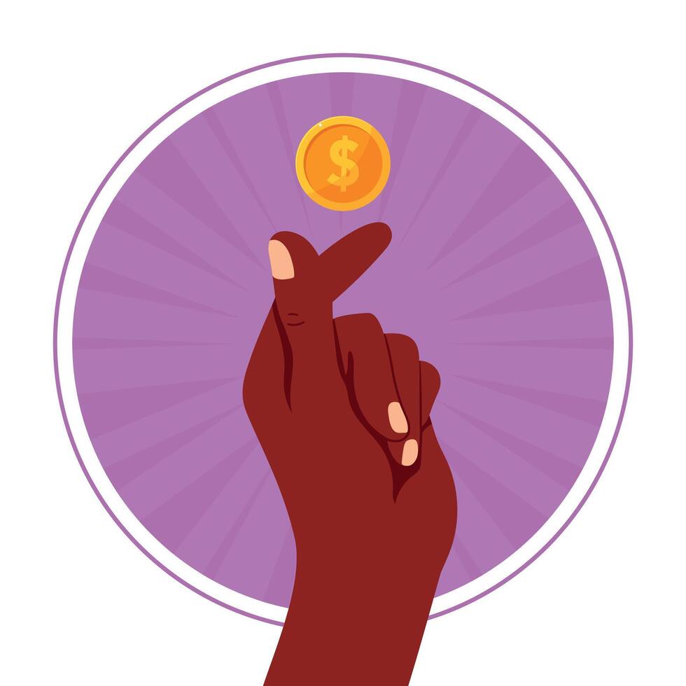 Gold coin in hand. Human hand tosses a coin. Money concept vector