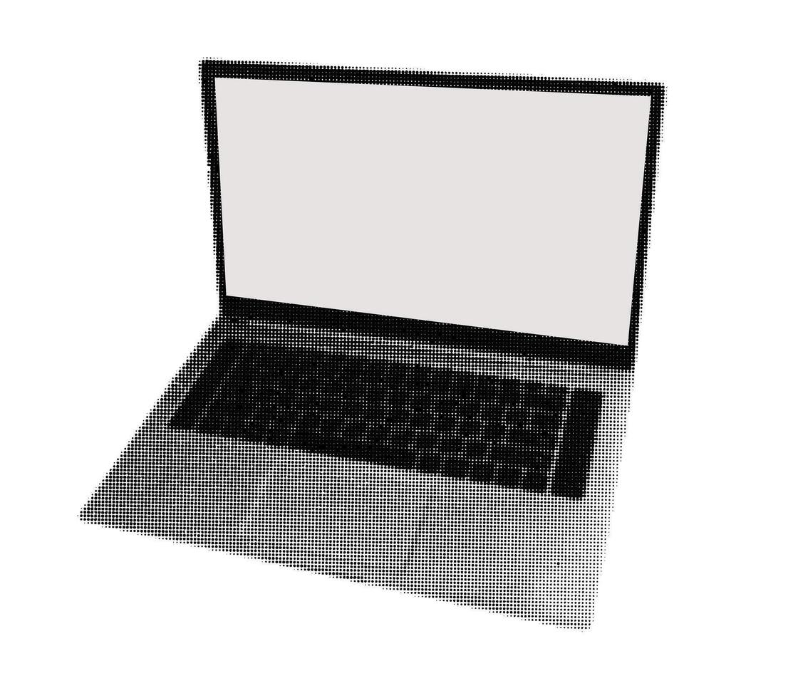 Halftone laptop on isolated background. Retro dots computer in vintage style. Design element vector