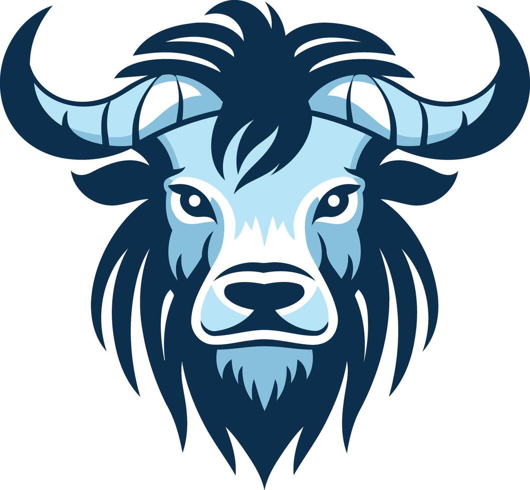 A powerful blue bull head logo with dark blue horns and mane vector