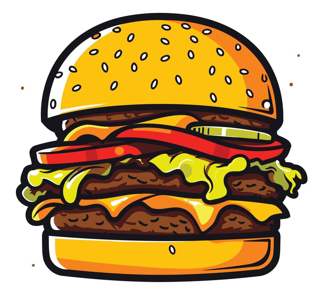 A juicy, cartoon style double cheeseburger with lettuce, tomato, and a pickle vector