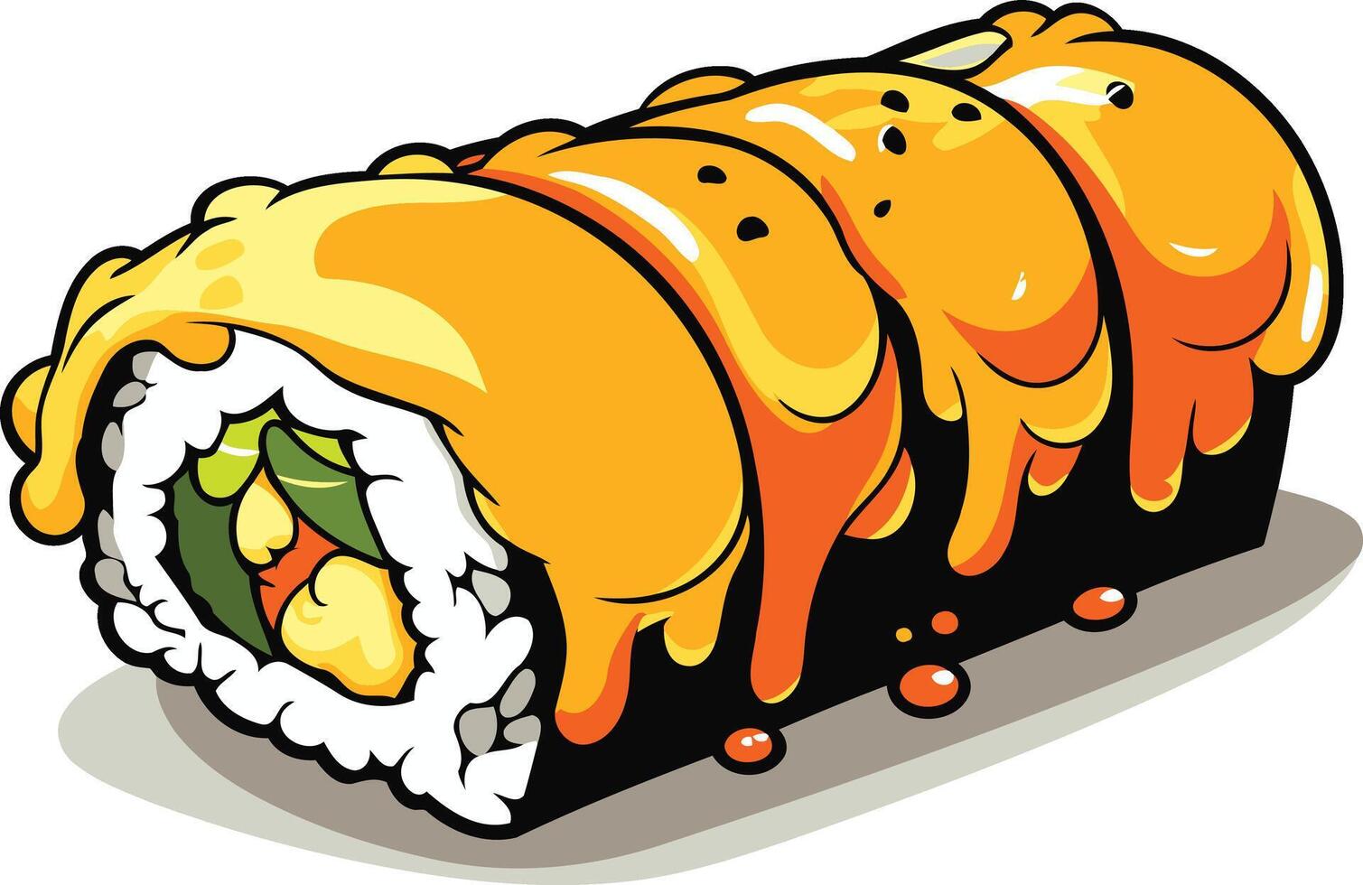 Cartoon illustration of a delicious sushi roll with a generous drizzle of sauce vector