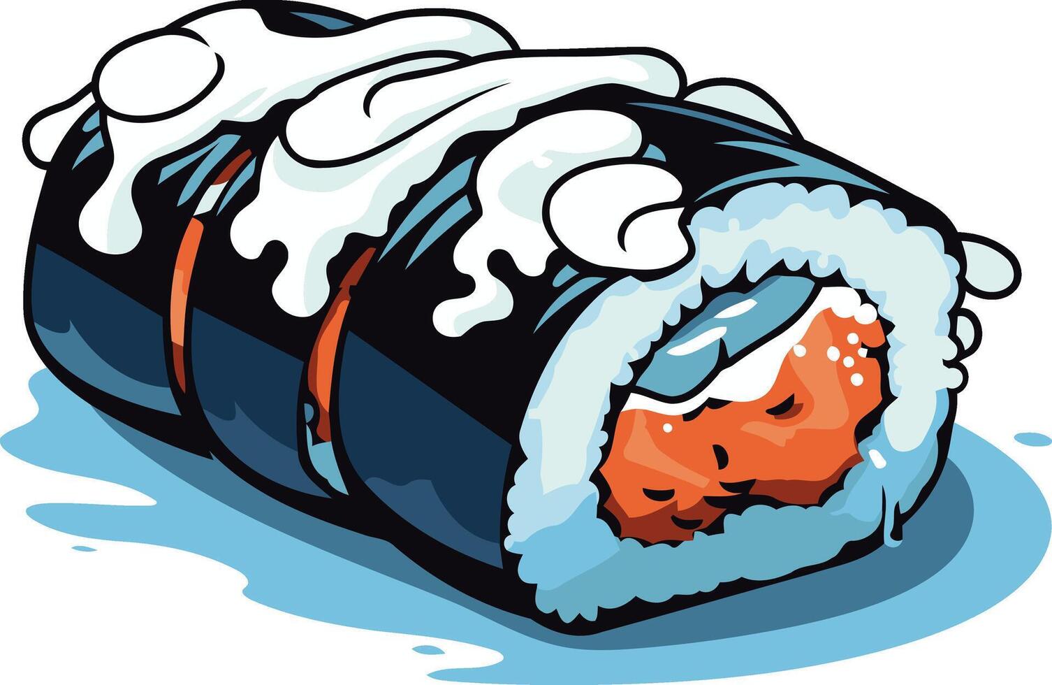 Cartoon illustration of a delicious looking sushi roll with white sauce and fish filling vector