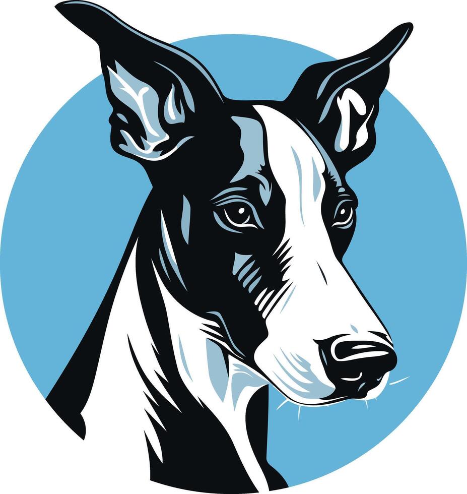 A striking black and white illustration of a dog's head, set against a blue circular background vector