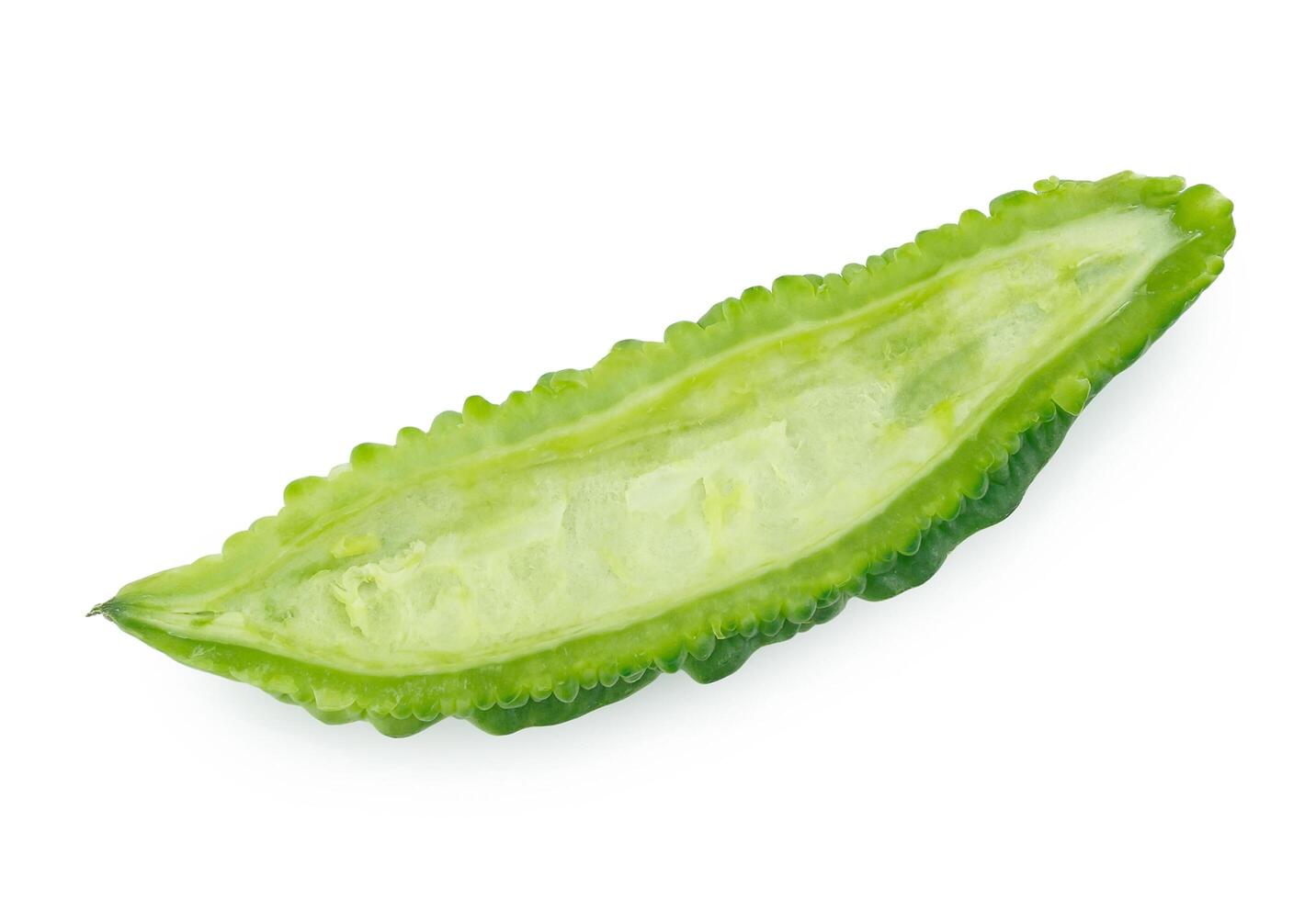 slices of bitter gourd arranged on white background photo