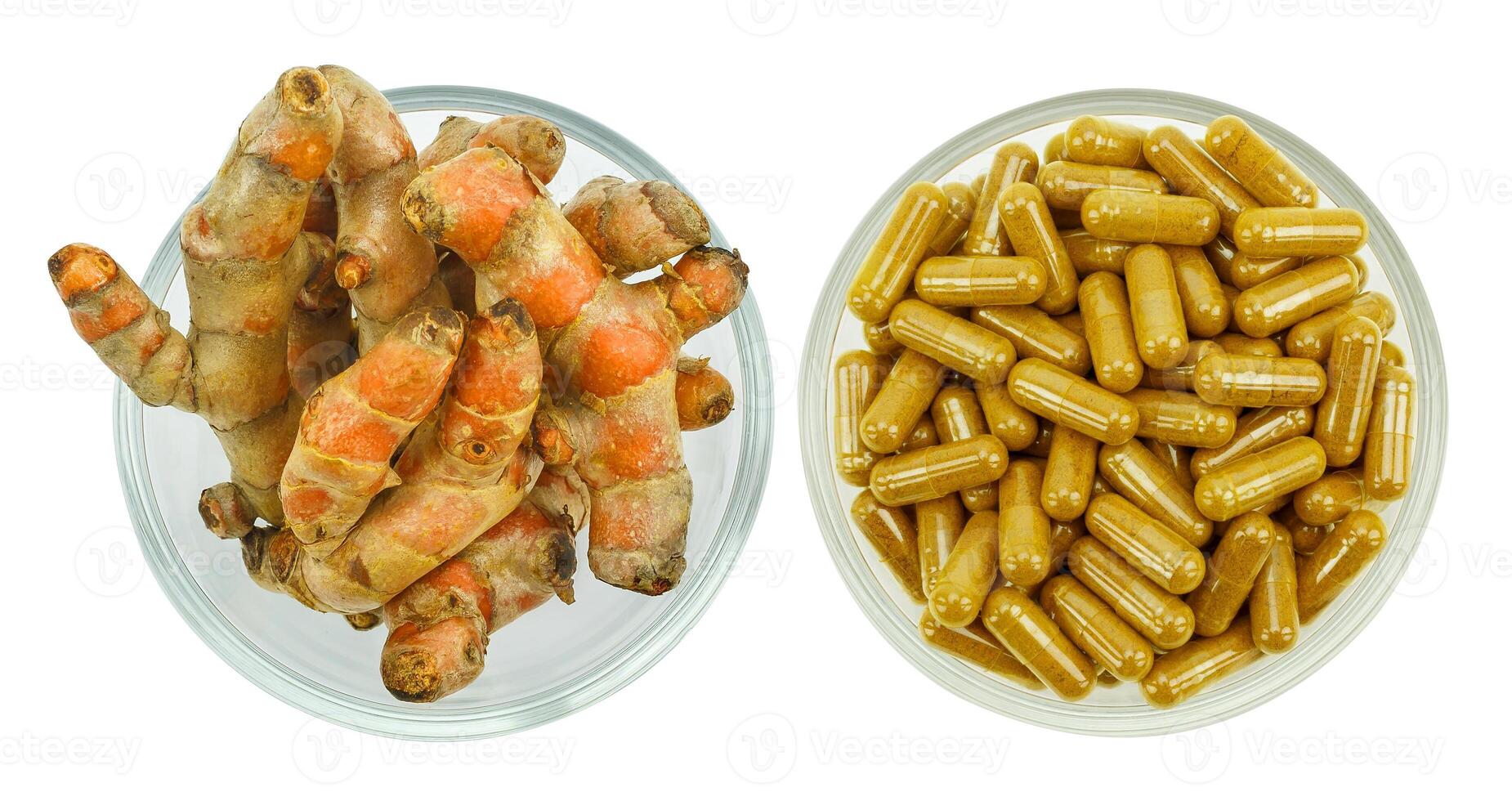 Turmeric root and turmeric capsule powder for alternative medicine ,spa products and food ingredient. photo