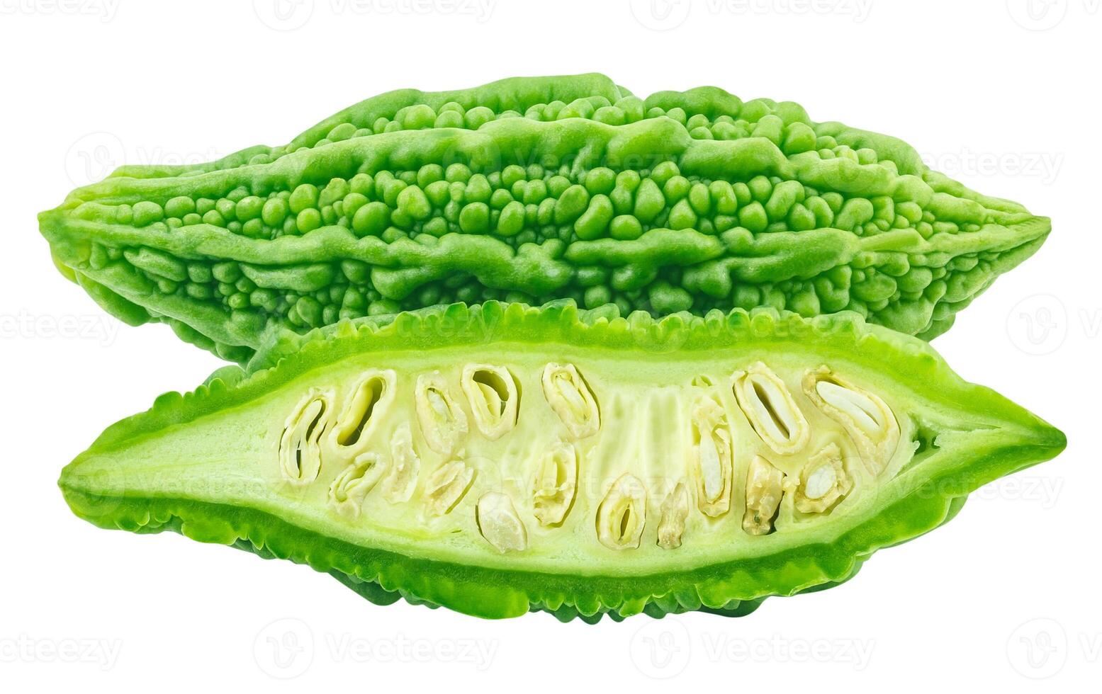slices of bitter gourd arranged on white background photo