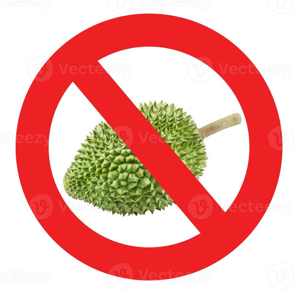 Circle prohibited red sign for no durian allowed Isolated on white background with clipping path. photo
