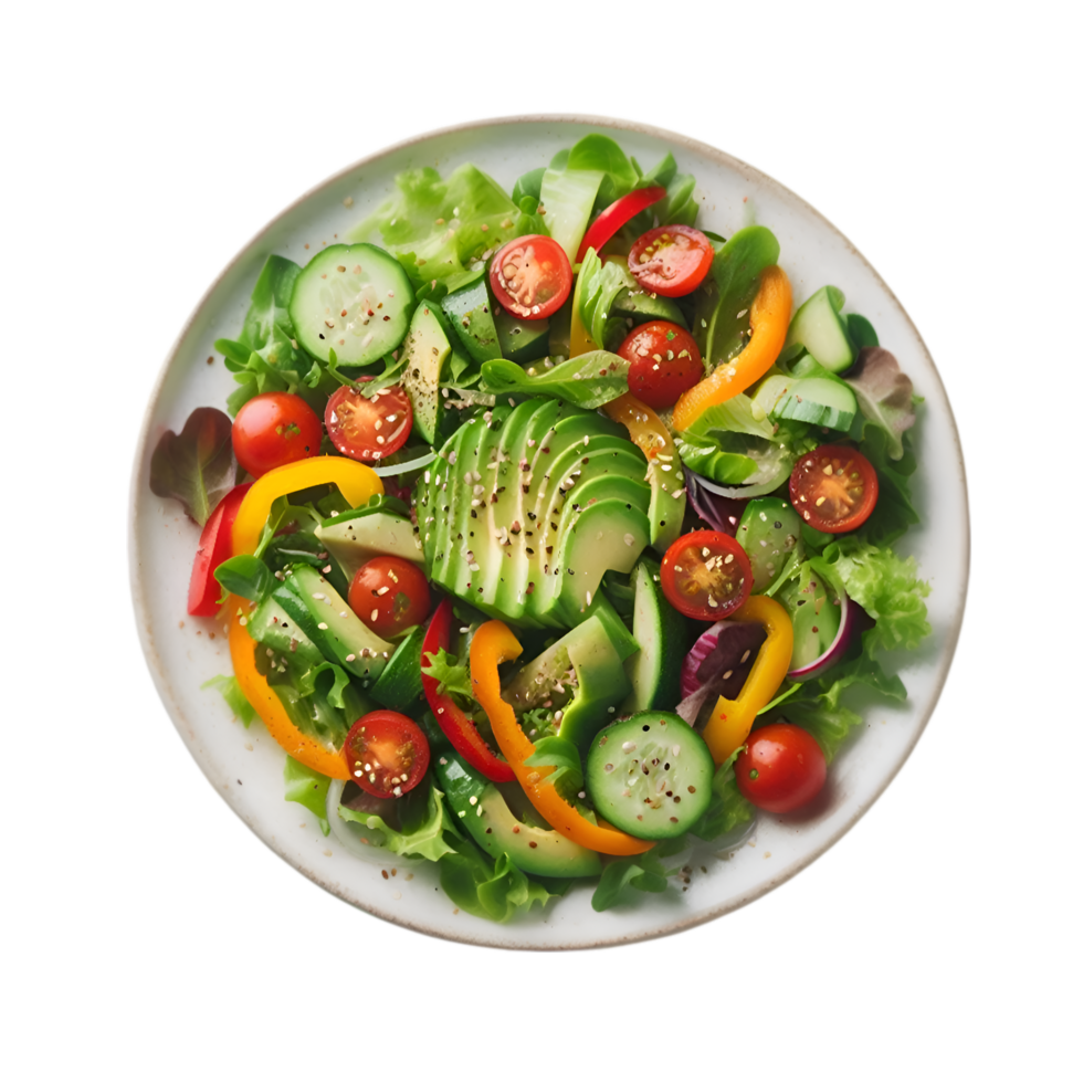 Salad with tomatoes, avocado, yellow and red capsicum and cucumber on a plate isolated from background png