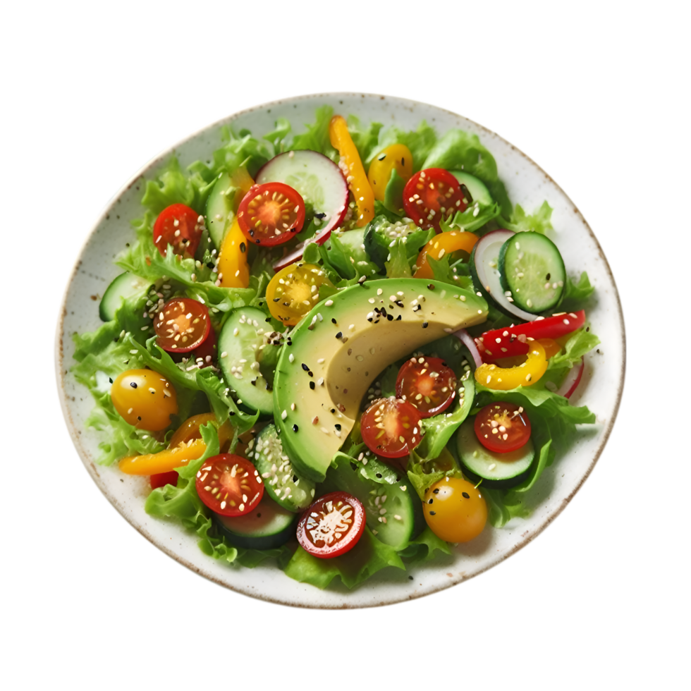 Salad with tomatoes, avocado and cucumber with yellow pepper on a plate isolated from background png