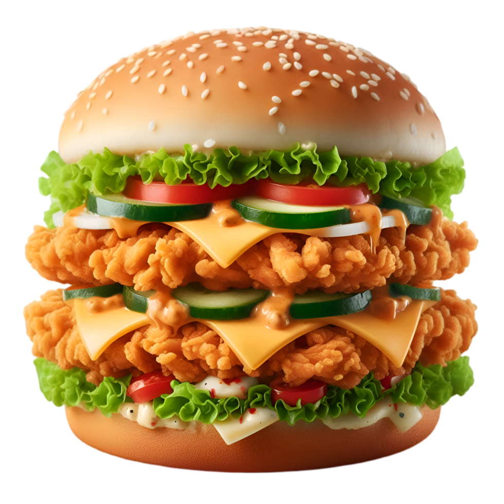 Hamburger with cheese, lettuce, cucumber and tomato and zinger burger isolated from background png
