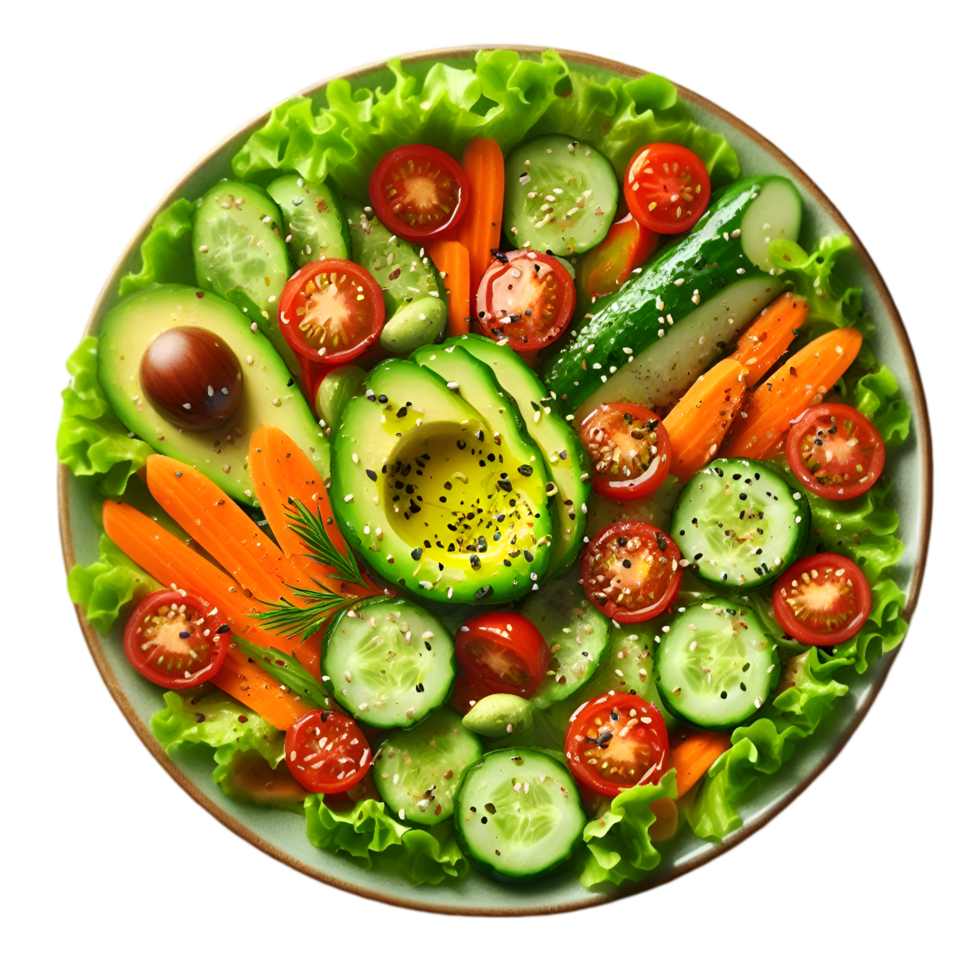 Salad with tomatoes, avocado and cucumber, carrots on a plate isolated from background png