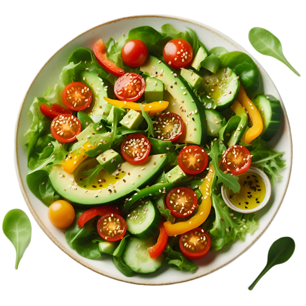 Salad with tomatoes, avocado and cucumber on a plate with green leaves isolated from background png