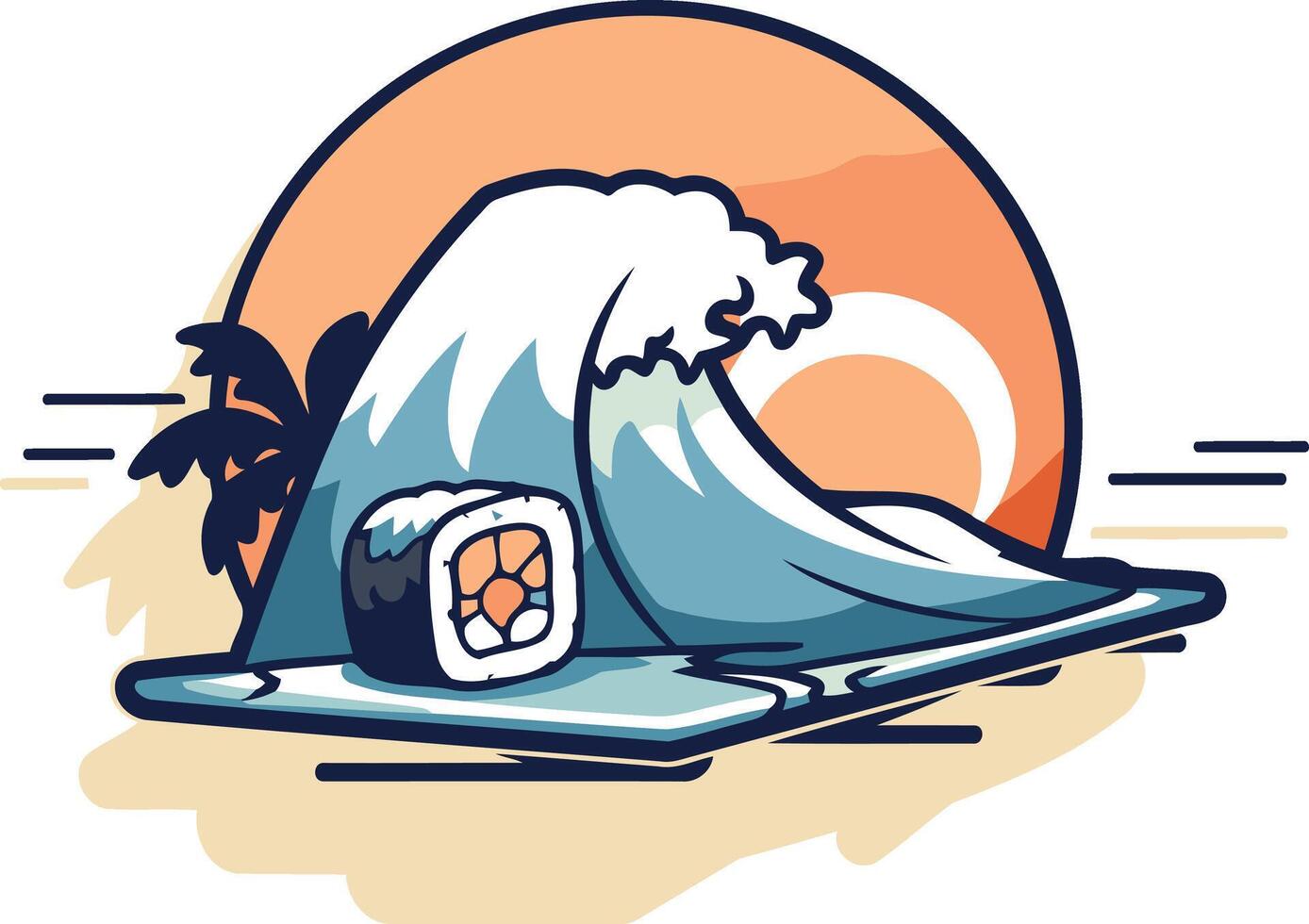 A playful illustration featuring a sushi roll riding a wave, set against a sunset vector