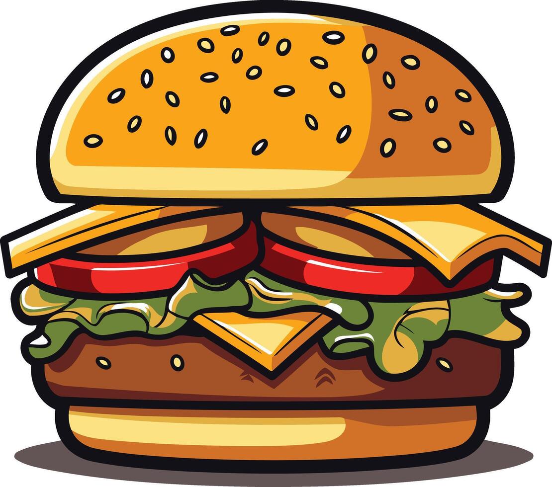 A cartoon style juicy hamburger with sesame seed bun, lettuce, cheese, tomato and meat patty vector