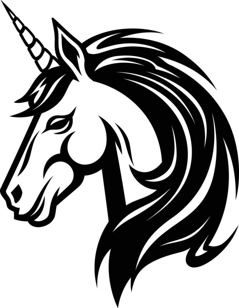 A striking black and white illustration of a unicorn's head, perfect for branding, apparel, and magical designs vector