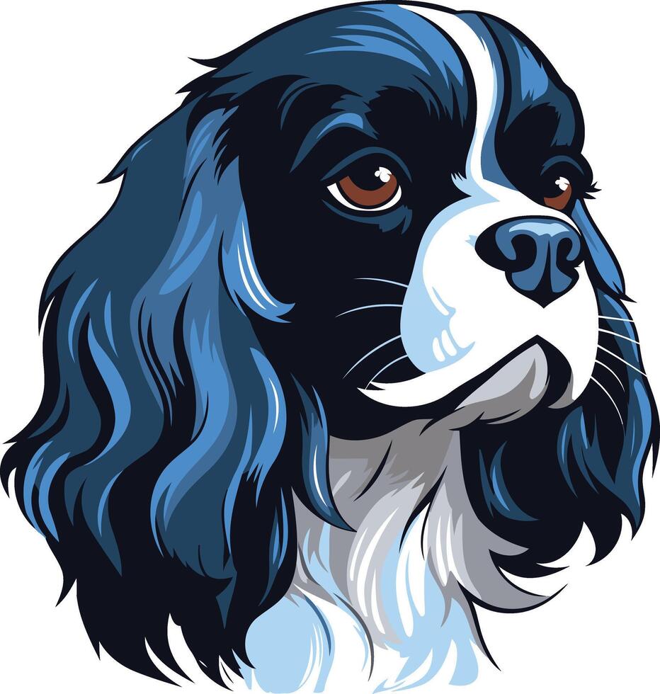 A cute cartoon illustration of a cavalier king charles spaniel's head with a black and white coat vector