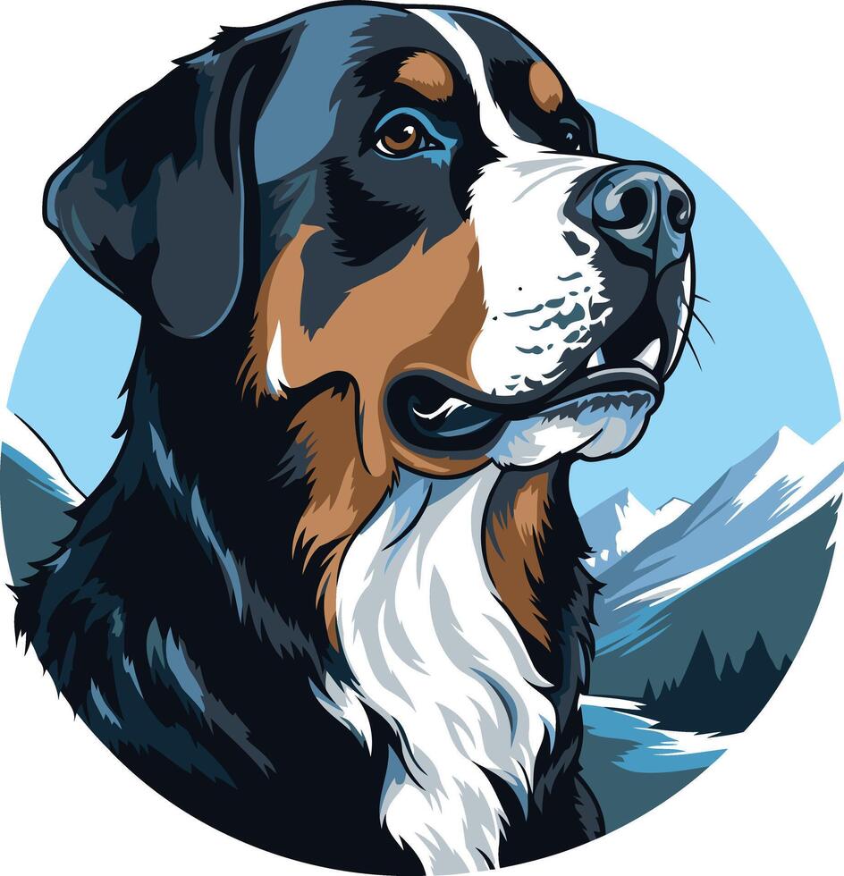 A majestic bernese mountain dog, head and shoulders portrait, against a scenic mountain backdrop vector