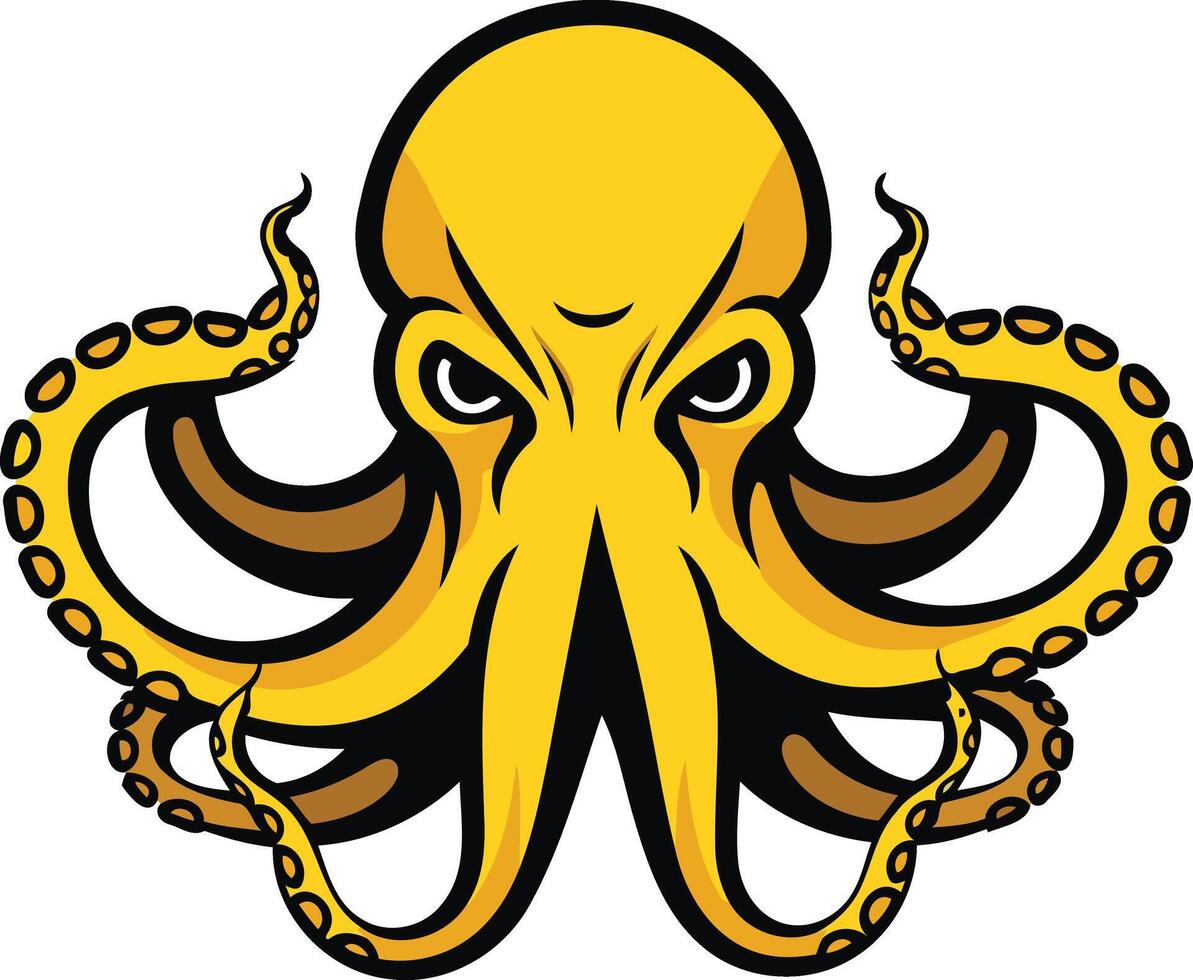 A fierce yellow octopus with menacing eyes, perfect for a sports team mascot, brand logo, or graphic design project vector