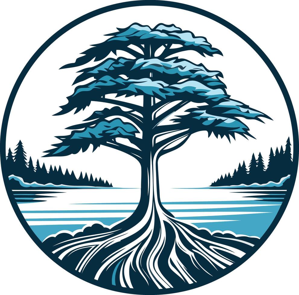 A stylized tree with intricate roots stands against a serene lakeside backdrop vector