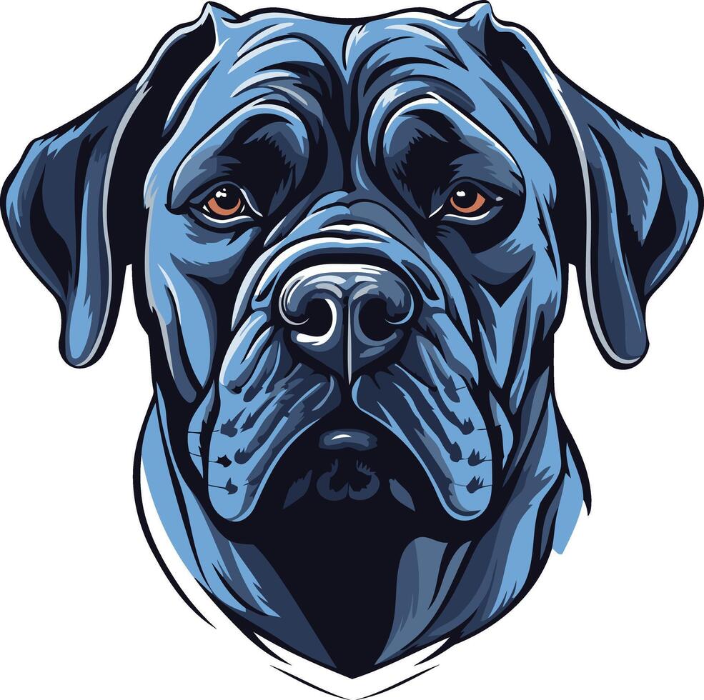 A powerful and majestic illustration of a black mastiff's head, rendered in a striking blue color palette vector