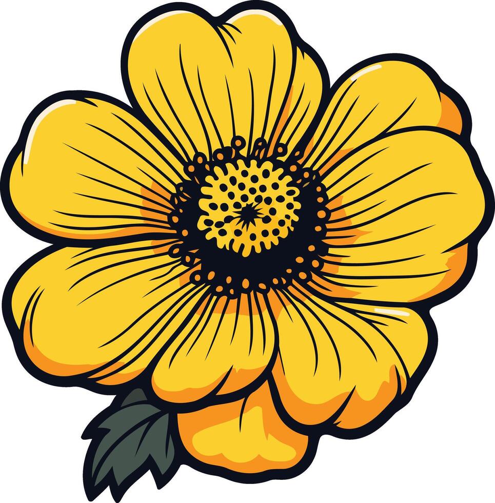 A cheerful, cartoon style yellow flower with a single green leaf vector