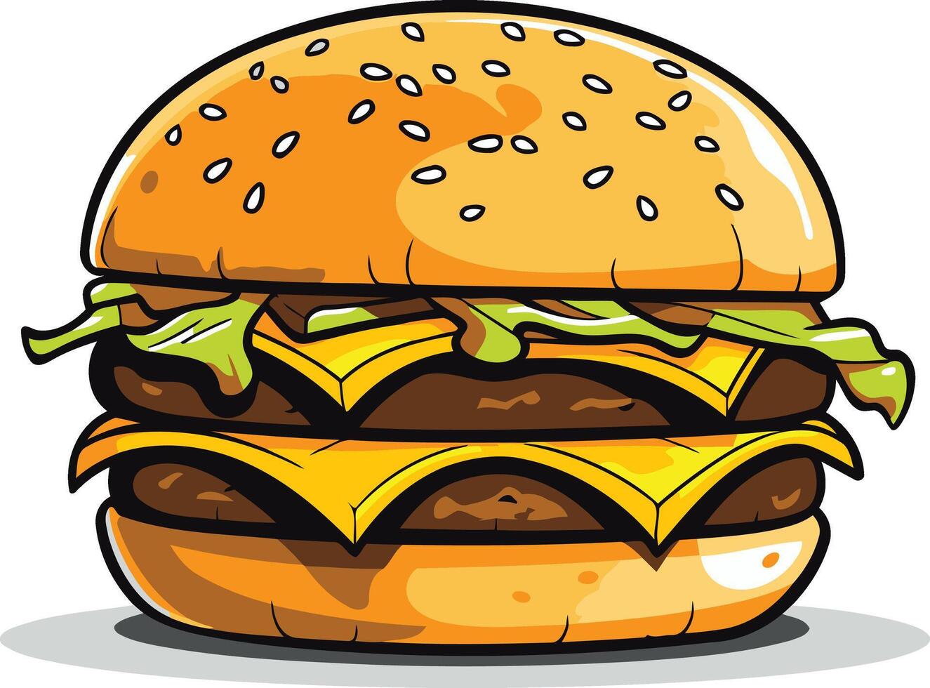 A cartoon style double cheeseburger with sesame seed bun, lettuce, and melted cheese vector