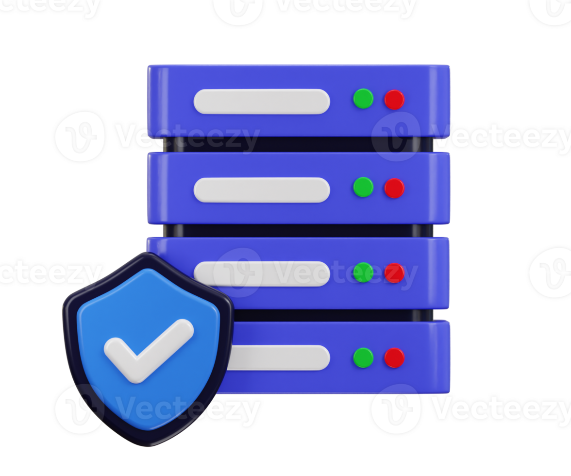 Data center with protect shield icon, server 3D icon. Server, Data, Web Hosting, cloud storage security icon 3d render png