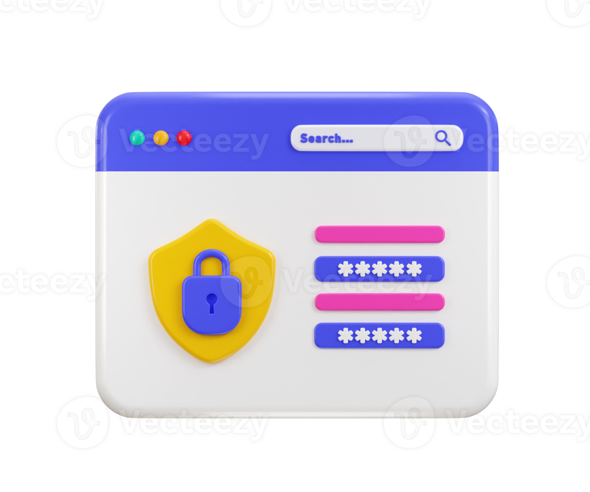 Secure login page with password form on computer and padlock icon 3d render png