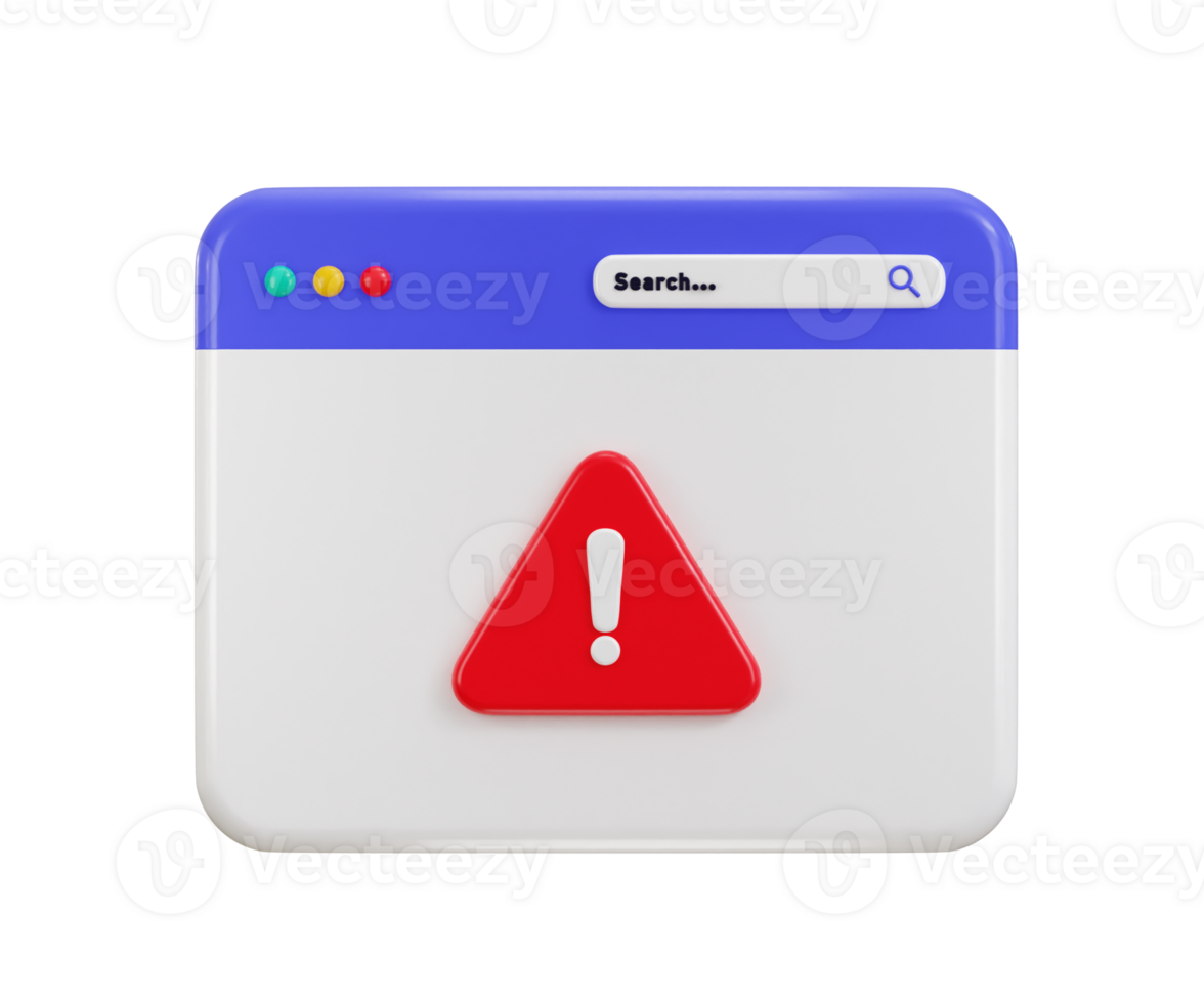 Web page with attention exclamation sign warning or danger risk message icon 3d render png