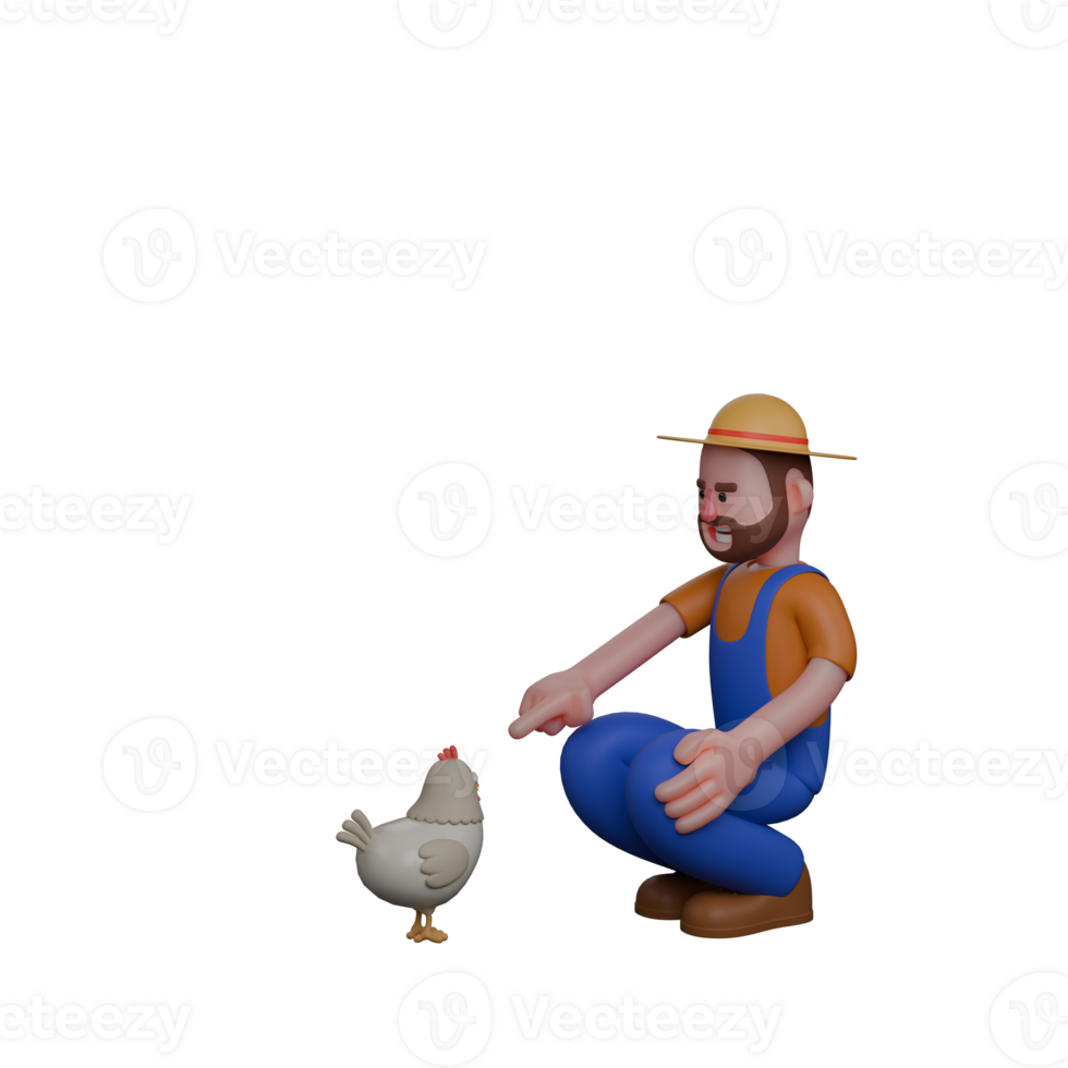 Illustrative 3D Male Farmer. A farmer is crouching down while interacting with a white chicken png