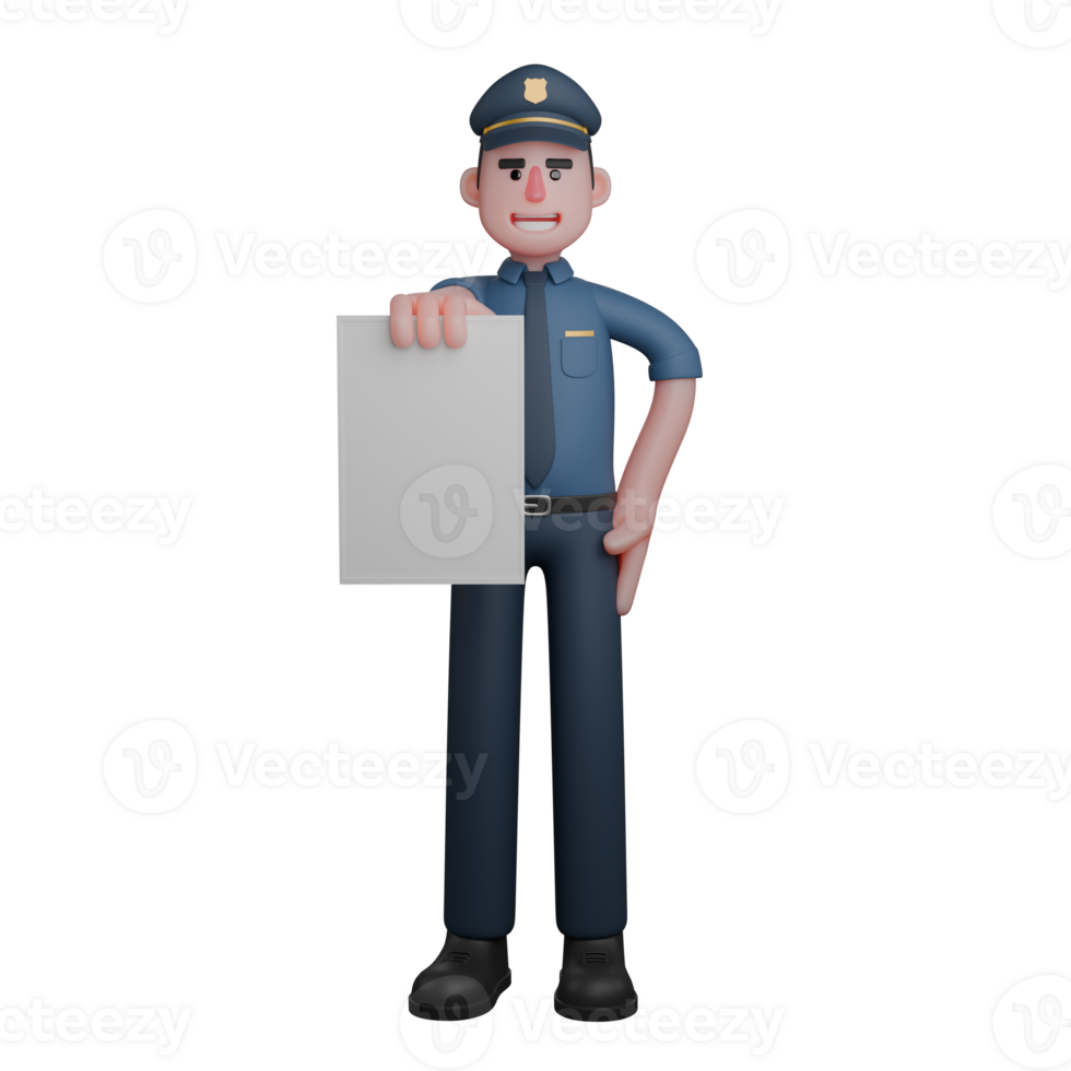 Law Enforcement 3D Cartoon. A policeman holds a blank paper with one hand while smiling. Male Police png