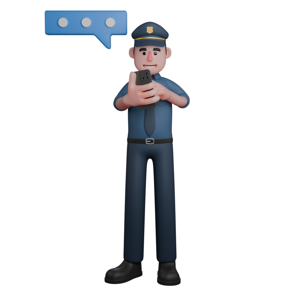 Male Professional Police - 3D Character. A police officer is looking at his cell phone with both hands showing that he is waiting for a reply to a message png