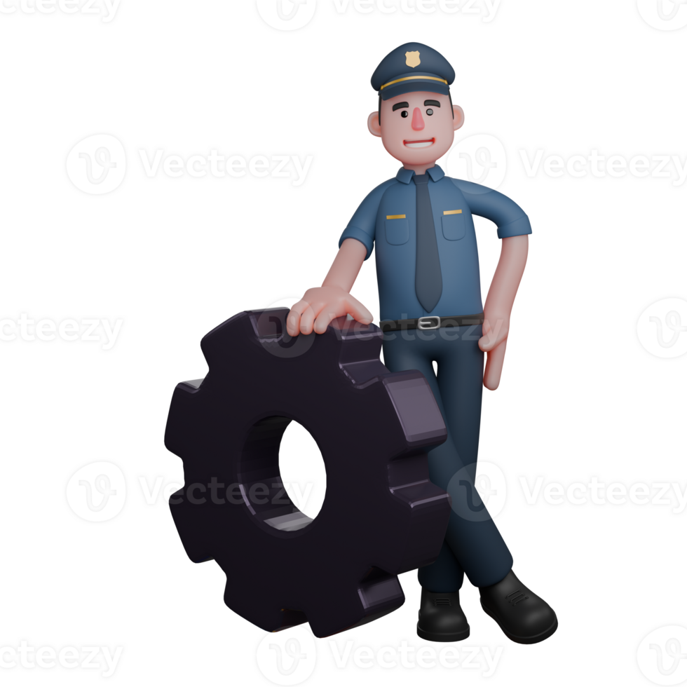 Male Police 3D Cartoon. A police officer is standing casually while leaning on a large gear png