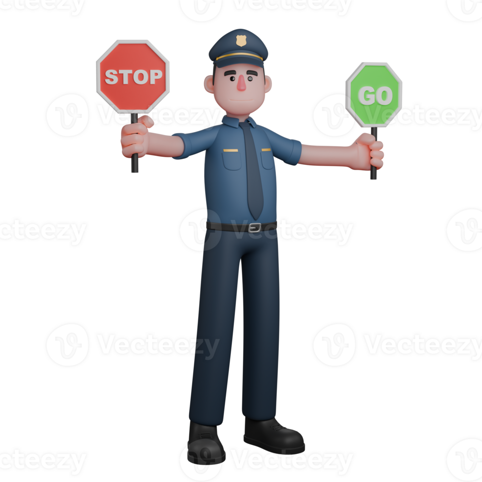 A police officer is holding two traffic signs one with the word STOP in the left hand and the other with the word GO in the right hand png