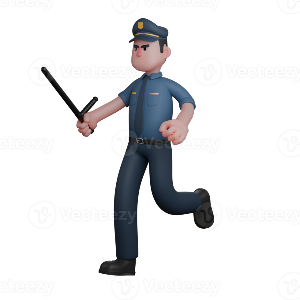 Law Enforcement Male Police. A police officer is running with a serious expression, holding a baton in his right hand. 3D Professional Character png