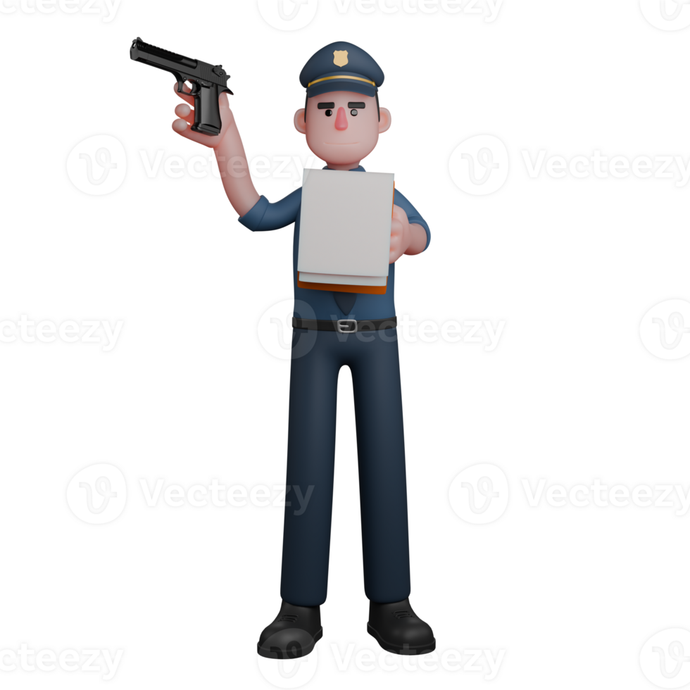 3D Male Police Patrolling. A police officer stands with his left hand holding a stack of files or documents, while his right hand holds a raised pistol. Law Enforcement Cartoon png