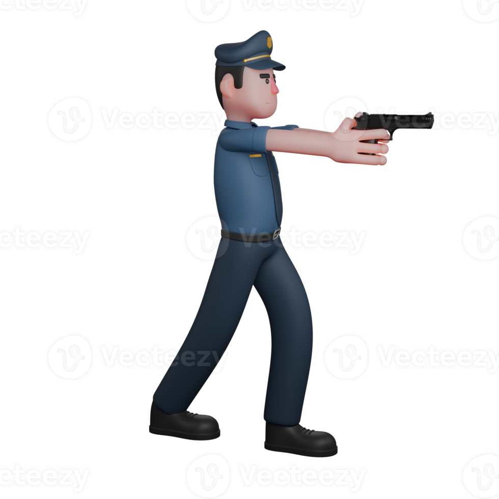 of a Professional Policeman. A police officer is in a shooting stance with a pistol in his hand. 3D Male png