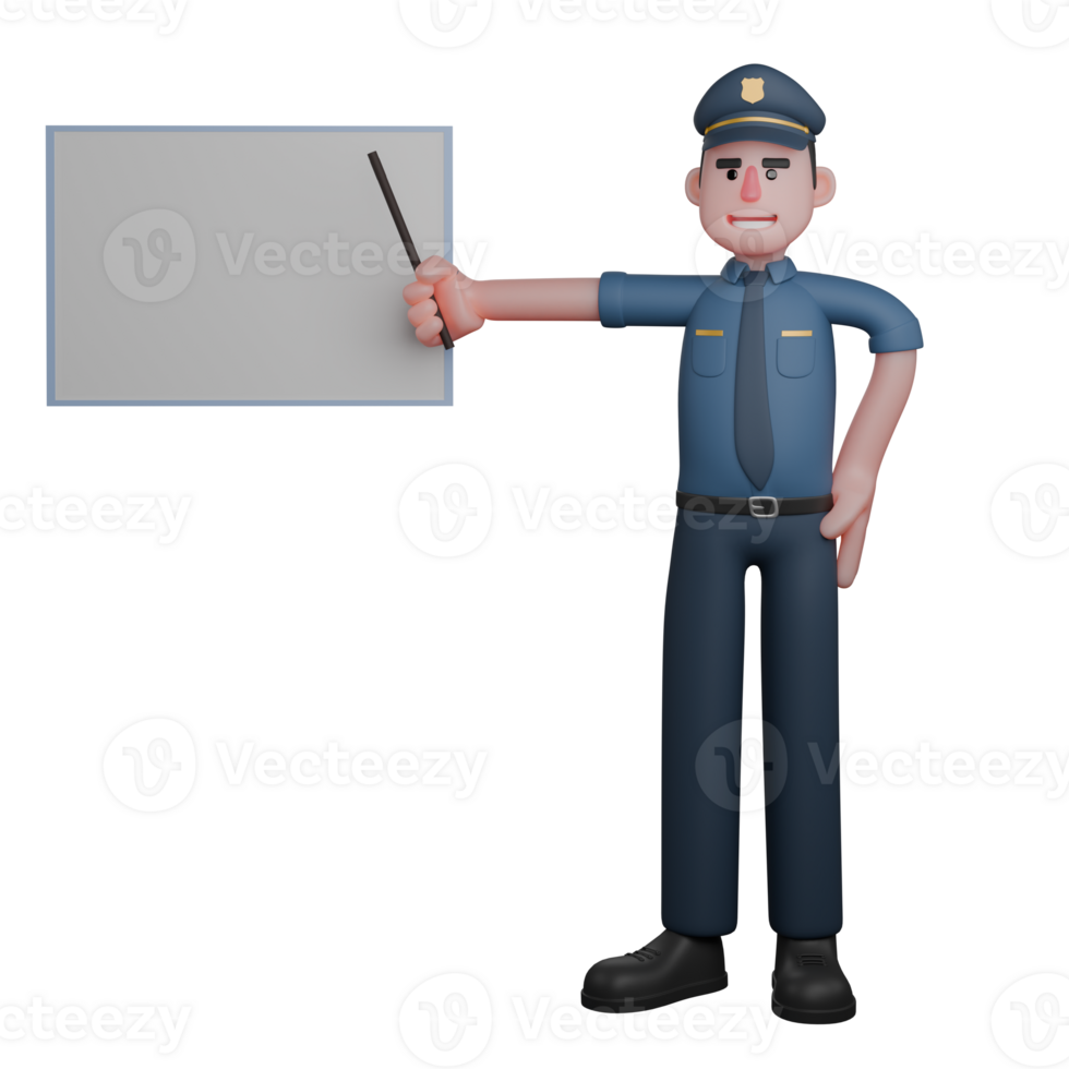 3D Male Police on Duty. A police officer is giving a presentation or instructions by pointing to a whiteboard with a pointer stick. Lawful Cartoon png