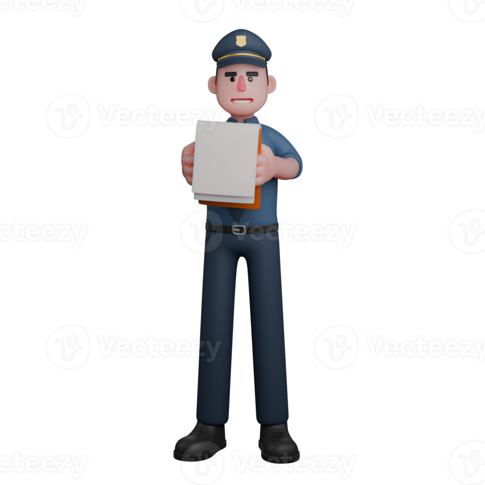 3D Male Police Officer. A police officer is holding several documents or files in his hands with a serious expression. Law Enforcement Cartoon png