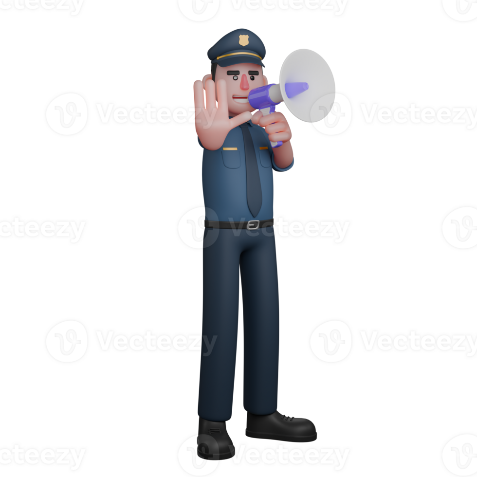 3D Illustrative Male Police. A police officer holds a megaphone with one hand and raises the other hand with the palm facing forward, signaling to stop png