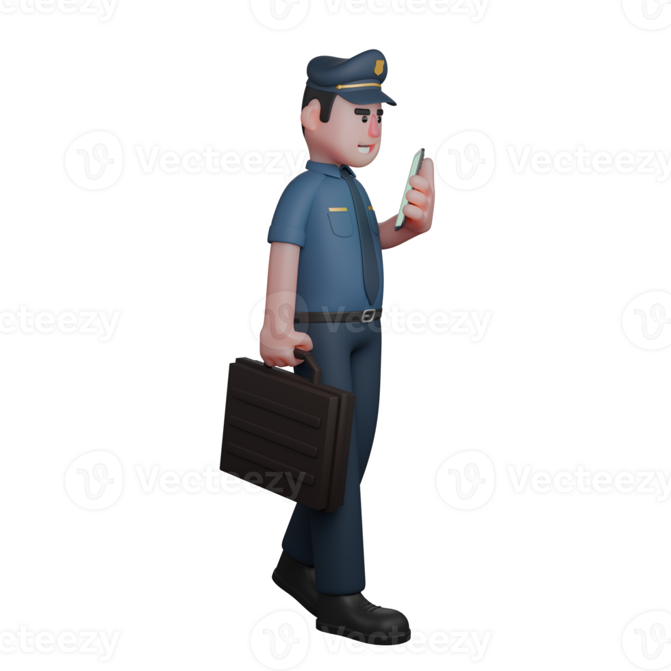 3D Cartoon of Male Police. Police Officer on the Move with Briefcase and Mobile Phone png
