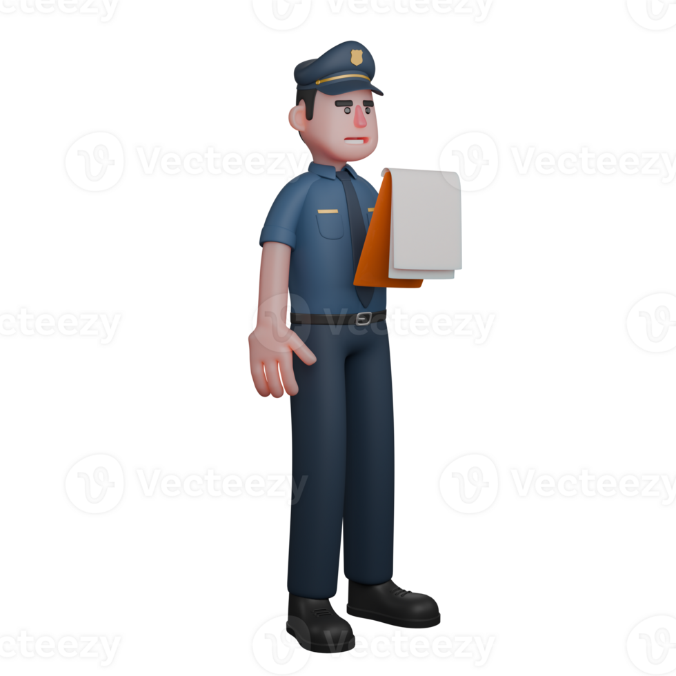 Illustrated 3D Policeman. A police officer is holding several files or documents in his hands with a serious and attentive expression. Male Authority Figure png
