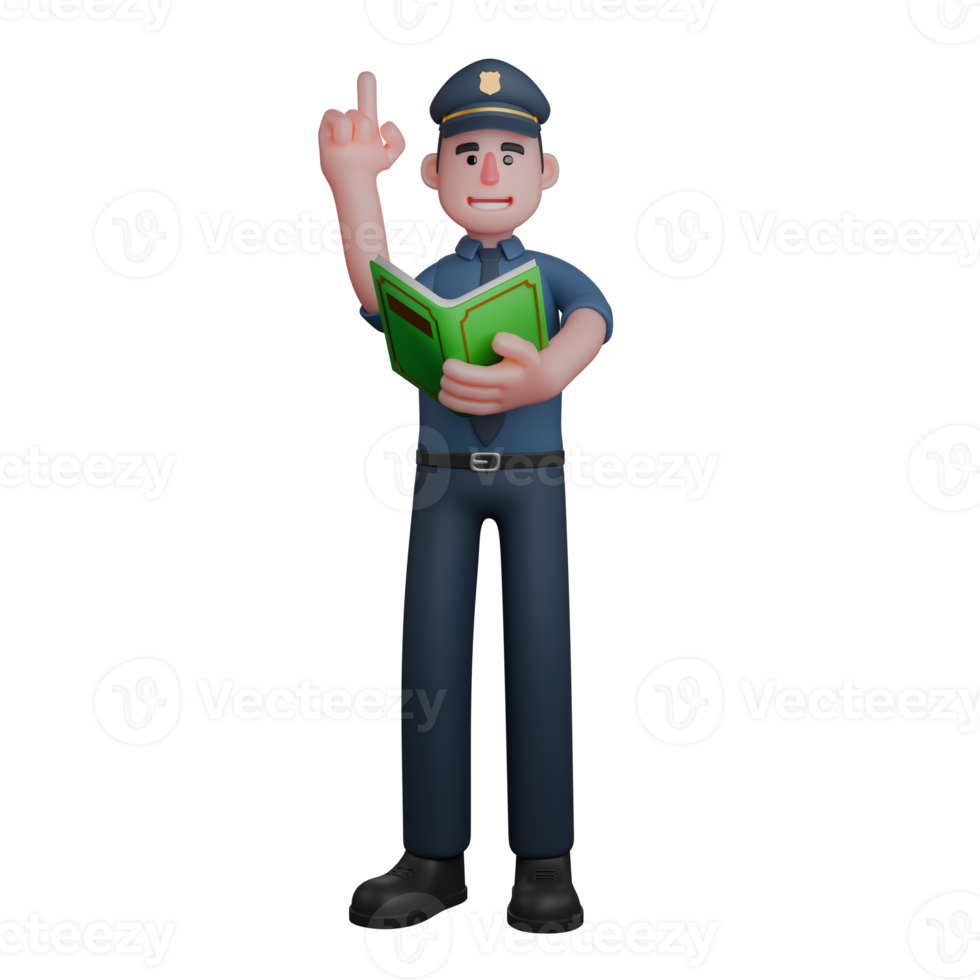 3D Male Law Character. A smiling police officer is holding an open green book in his hands while raising his index finger png