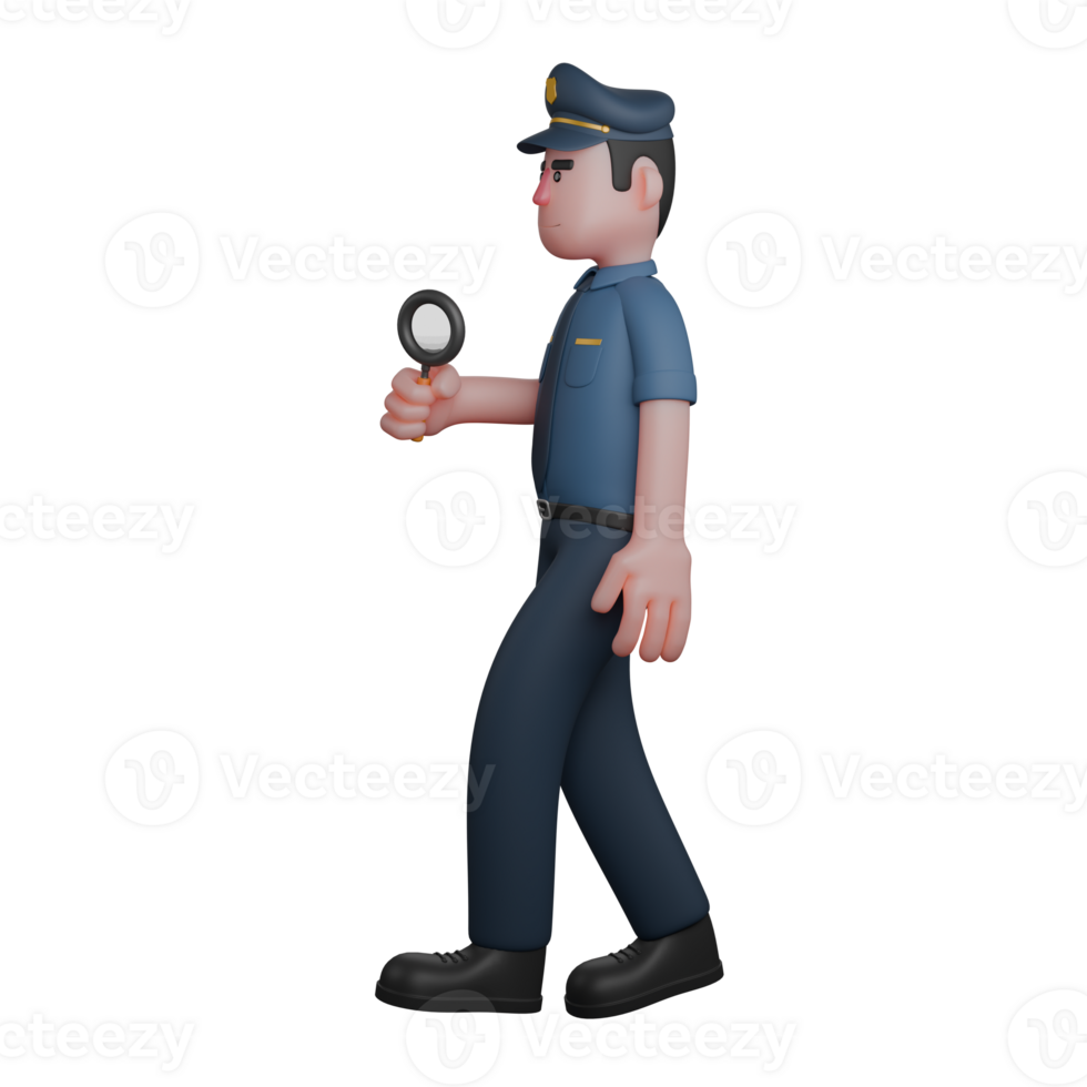 Cartoon Style Police Officer. A police officer carrying a magnifying glass while walking. png