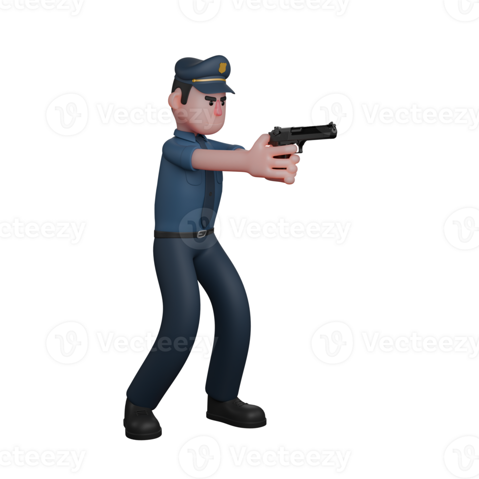 3D Professional Male in Police Role. A police officer in a ready stance, aiming a pistol with both hands to shoot png