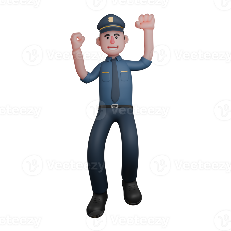 Professional 3D Law Enforcement. A police officer stands with both hands raised in the air with a joyful expression png