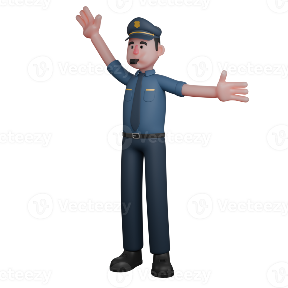 Male Police in Law Enforcement 3D. A policeman blows a whistle while raising both hands up and extending them as if giving instructions png