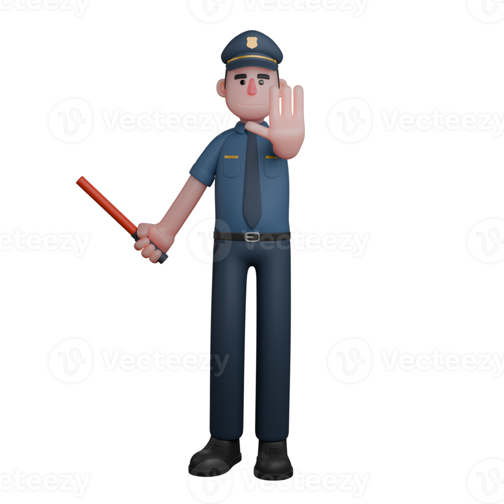 Law Enforcement Illustration. A police officer standing with one hand raised, showing the palm as if signaling to stop, while the other hand holds a red traffic baton png