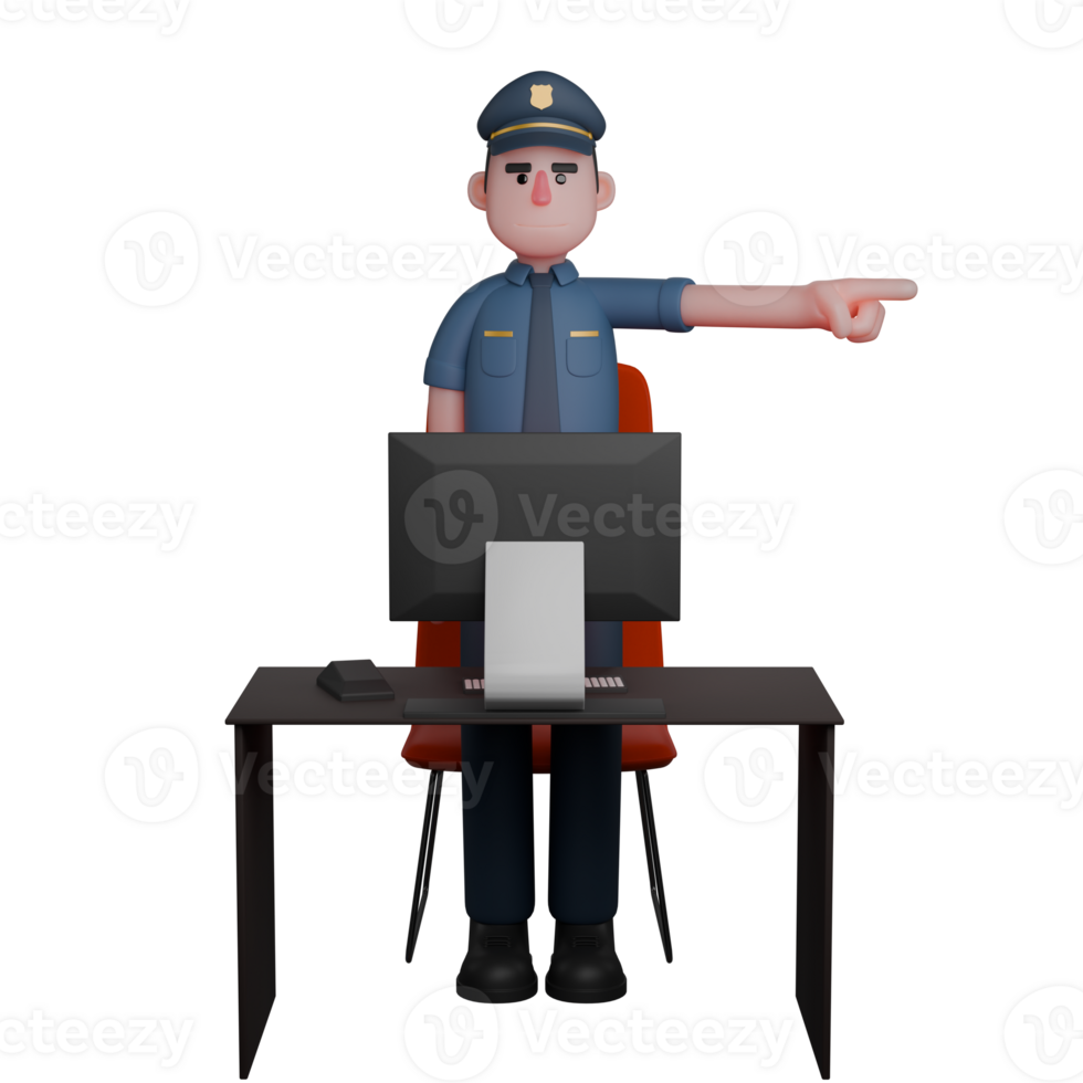 Animated Male Police. A policeman was standing in front of a computer with a serious expression, pointing in a certain direction with his right hand png